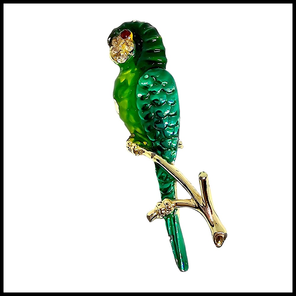 Vintage Parrot Bird On Branch‎ Green Enamel Silver Tone Rhinestones Brooch Pin